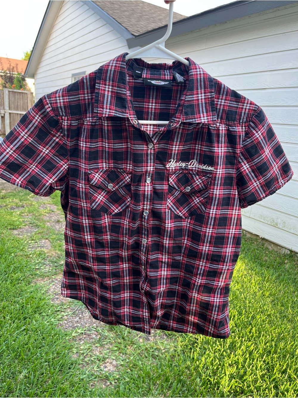 Harley-Davidson Black and Red Plaid Short-Sleeve Button Shirt